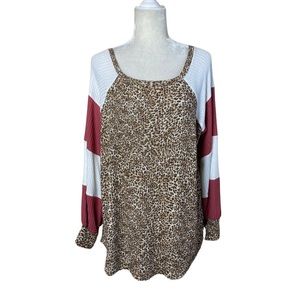 7th Ray Size XL Marsala Leopard, Ivory & Rust Stripe Long Bubble Sleeve Top NWT!